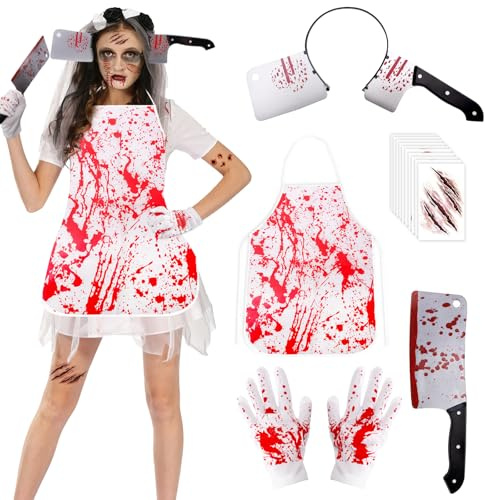 14 PCS Halloween Bloody Butcher Costume Set - Waterproof Bloody Apron with Machete Headband Fake Butcher Knife Temporary Tattoos, Terrifying Role Play for Adults Costume Accessories