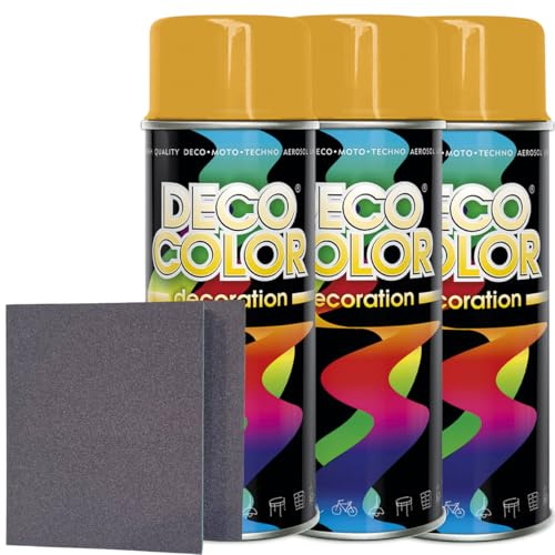 Craft-Equip DC 3er Sparpack Lackspray nach RAL in 400ml zur Lackierung von Auto Stahl Aluminium Beton Holz und 2 Stück Schleifpads (3 Dosen in melonengelb glanz RAL 1028 + 2 Stück Schleifschwamm)