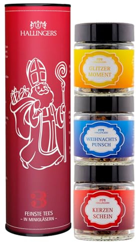 Hallingers Genuss Manufaktur Tee Weihnachts-Geschenk-Set - 3 Sorten premium loser Tee in Gläsern, Probierset in edler Geschenk-Dose Vom Nikolaus vegane XMS-Tees, Weihnachten für Frauen Männer