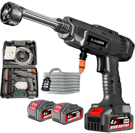 Powzen 24V Cordless High Pressure Washer 990 PSI - Handheld Portable Battery Powered Power +Washer 4.0AH Batteries and Fast Charger,180° Swivel & 6-in-1 Spraying Nozzle.for Cars, Home