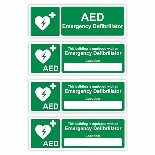 AED Emergency Defibrillator Signage (Set of 4) Self-Adhesive / 5x15cm Each (Set of 4) / Landscape Orientation Removable & Wipeable/Indoor or Outdoor Stickers/Gloss Finish/AED Location Stickers