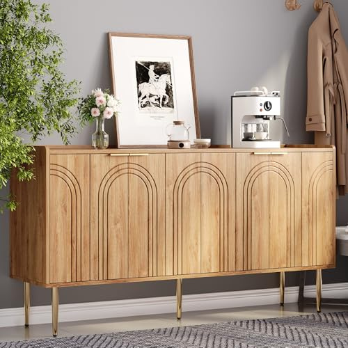 FammyLoft Sideboard Wohnzimmer mit 4 Türen, Buffetschrank mit Großem Stauraum und Verstellbarer Trennwandschrank, 140x38x75cm, Modern Wohnzimmerschrank für Schlafzimmer, Flur, Buffet Wohnzimmer, Natur