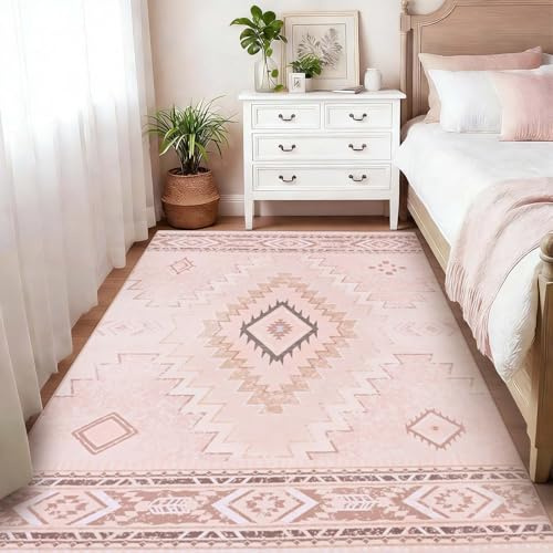 Alishomtll Teppich Läufer, Vintage Geometrisch Teppich Rosa 120x160 cm | Rutschfest Kurzflor Küchenteppich, Weich Waschbar Flurläufer für Wohnzimmer Schlafzimmer Arbeitszimmer Küche Eingang
