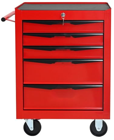 Werkzeugwagen mit 5 Schubladen, Rollend mit Kugellager-Schubladen, Stahl Werkzeugkoffer für Werkstatt & Garage, Mobiler Werkzeugschrank mit Arbeitsplatte (Rot+Schwarz)