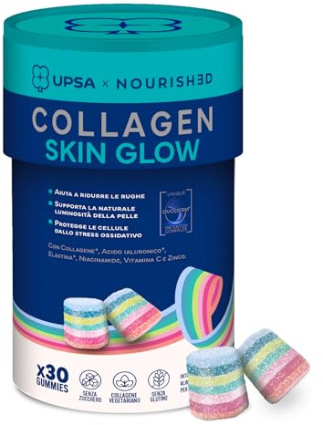 UPSA x Nourished Collagen Skin Glow, con Niacinamide 30 Gummies | Integratore Alimentare con Ovoderm, Niacinamide e Vitamina C, Caramelle Gommose Gusto Frutta, Senza Zucchero, Vegetariano