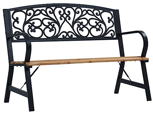 Teenpull Gartenbank 120 cm Massivholz, Gusseisen Rückenlehne, Stahlgestell, Vintage Stil, witterungsbeständig, für Terrasse, Veranda, Außenbereich