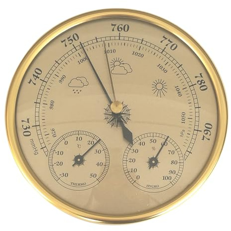 Baromètre d'intérieur, 5 pouces de diamètre, baromètre en métal, thermomètre et hygromètre, Station météo dorée pour intérieur et extérieur
