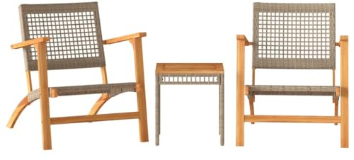 Qnhdfrt 3-TLG. Bistro-Set aus Poly-Rattan und Massivholz Akazie, Gartenmöbel Sitzgruppe für Balkon und Terrasse, 2 Bequeme Stühle und 1 Couchtisch, Beige Braun