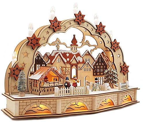 Wichtelstube-Kollektion Holzkunst LED Schwibbogen mit Sockel innenbeleuchtet Weihnachtsmarkt Schwippbogen Lichterbogen Batteriebetrieben mit Timer, Echtholz, 45cm Breite