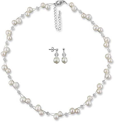 Rivelle Damen Hochzeit Schmuckset Süßwasserperlen creme Brautschmuckset Strasssteine kristall echte Perlen Halskette Collier Ohrringe Geschenkbox