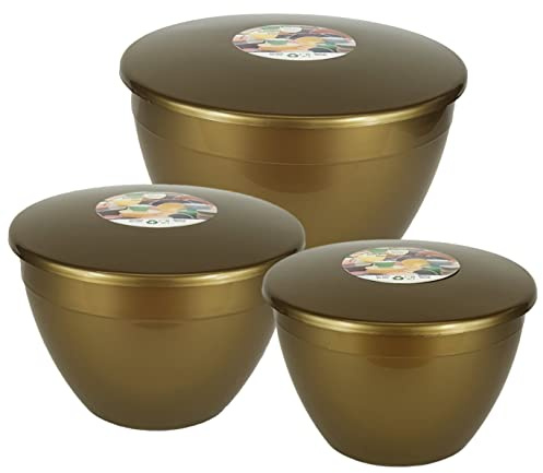 Just Pudding Basins 3 Plastic Steamer Bowls Larger Sizes and Lids in 1 Set, 1x 1.5pt (850ml), 1x 2 pint (1.14lt), 1x 3 pint (1.71lt) Gold