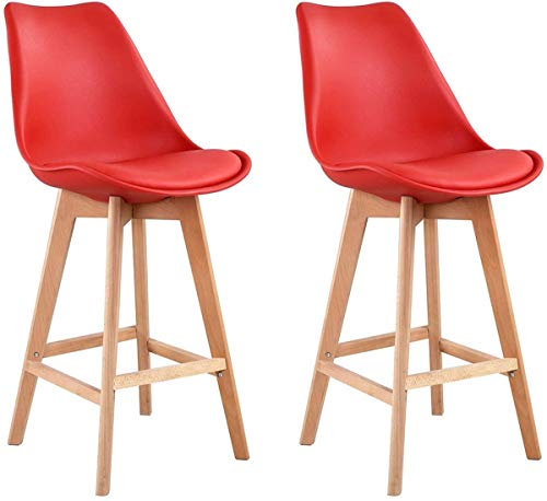Happy Garden Juego de 2 taburetes de Bar SVEN Rojos con cojín. Taburetes de Bar de Estilo escandinavo con Respaldo y reposapiés, taburetes de Cocina, Patas de Madera de Haya Maciza.