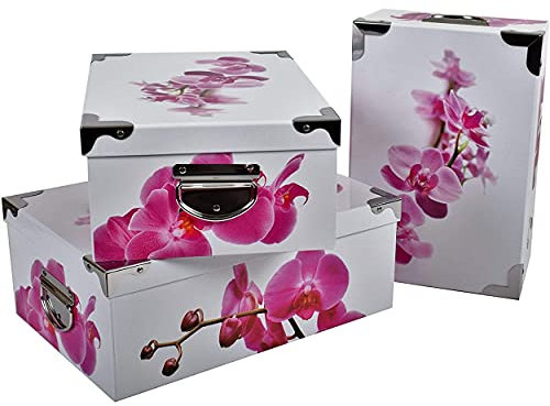 2J Orchidee 3er Pack Orchidee Bedruckte Aufbewahrungsboxen aus Karton mit Metallwinkeln und Griffen. Größen : 31,5x22x12, 33,5x23x13, 36x25x13,5 cm