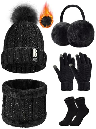 Voqeen 5 Pieces Knitted Hat and Scarf Set Touch Screen Gloves Gloves Winter Plush Earmuffs Thermal Socks for Skiing Hat Outdoor Sports