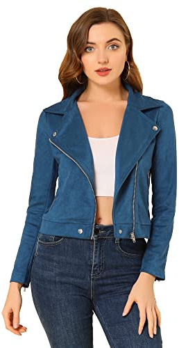 Allegra K Women's Short Jacket Soft Moto Zip Up Pockets Faux Suede Biker Jackets Royal Blue M