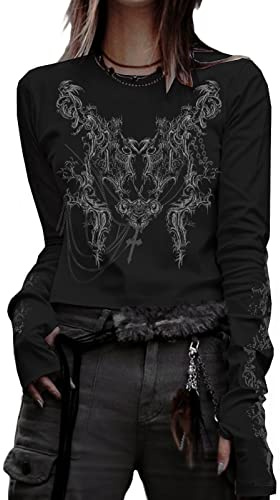 Camisa gótica para mujer, manga larga, vintage, con estampado cruzado, cuello redondo, estética, delgada, recortada, ropa grunge, C, S