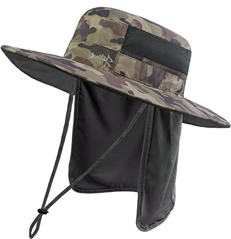 Bassdash Solhatt, fiskarhatt, solhatt, SPF 50+ UV-skydd, vattentät, taktisk fiskehatt med brett brätte, justerbar storlek, med avtagbar halsflik, för män och kvinnor, En Storlek
