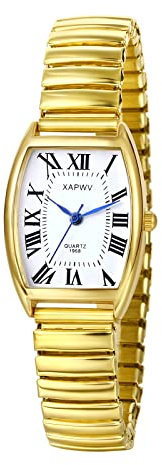 JewelryWe Uhren Damen Analog Quarz Armbanduhr Klassisch Rechteckig Elastisch Legierung Armband Beiläufige Uhr Damenuhr mit weißem Römischen Ziffern Zifferblatt Gold