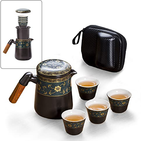 fanquare Japanisches Reise Porzellan Teeservice, Handgemachtes Kung Fu Tee Set für Erwachsene, Schwarze Teekanne und 4 Tassen mit Gold Blumen Muster