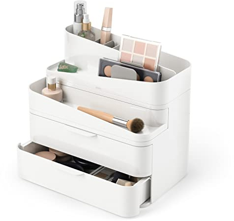 Umbra Glam Kosmetik-Organizer, vielseitiger Aufbewahrungsbehälter mit herausnehmbarem Einsatz für Bad, Büro und mehr, Gross, Weiss