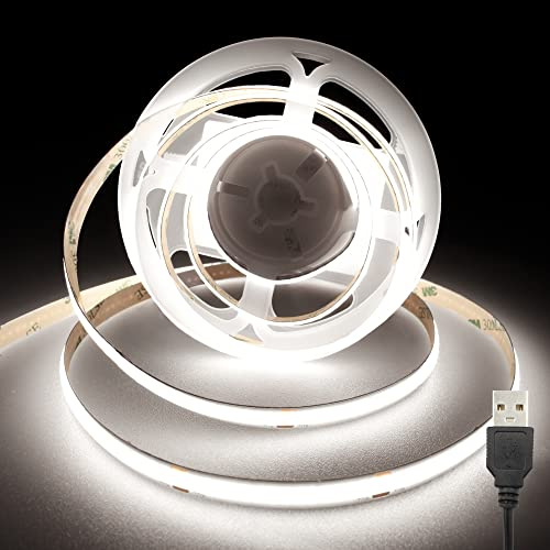 TTWAY Tira LED COB USB 2M, 5V 6000K Con 320LEDs/M, CRI 90+, 8 mm de Ancho, Blanca Fría Para Retroiluminación de TV, Espejo, Gabinete, Armario, Escalera