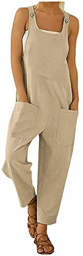 Salopette in tessuto da donna, estive, larghe, tinta unita, leggero, arioso, pantaloni lunghi in lino, oversize, larghi, senza maniche,, cachi, S