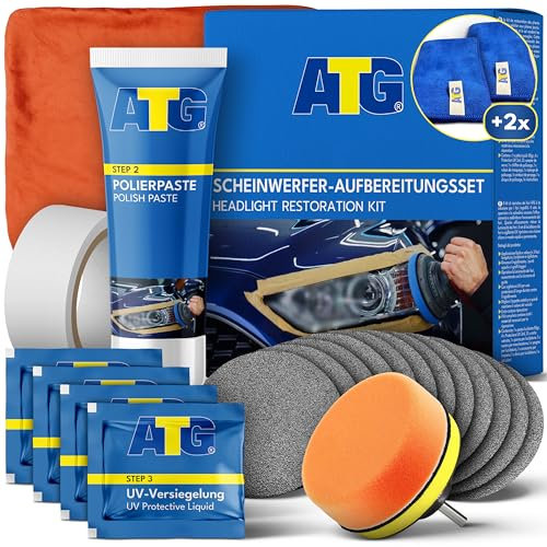 ATG® Scheinwerfer Aufbereitung Set - Universal Auto Scheinwerfer Polierset für matte & blinde Scheinwerfer - Einfache Scheinwerfer Aufbereitung - Scheinwerfer Reparatur Set inkl. Mikrofasertücher