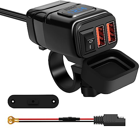 SYCEES Cargador USB QC3.0 para Manillar de Moto, Impermeable IP65, Voltímetro LED 6-30V, 2 Puertos DC12V
