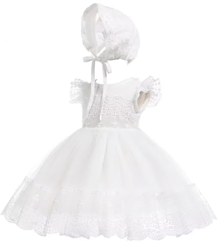 Leideur Bambine Abito da Battesimo Bianco con Cappellino Abito da Battesimo Neonato Abito in Pizzo per Matrimonio Compleanno (Bianco 3, 12Mesi)