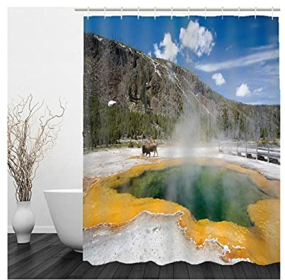 Whoiy Duschvorhang 120X180, Duschrollo Um Die Ecke Polyester Shower Curtains Landschaft des Huangshi Parks Gelbgrün für Outdoor Hotel