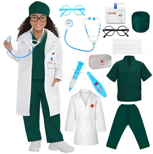 CHMMY Arzt Kostüm Kinder Halloween Kostüm Arztkittel Kinder arztkoffer kinder ab 3 jahre mit Stethoskop, Thermometer, Spritze und Hut, OP Oberteile und Hosen Doktor Rollenspiel Zubehör Geschenke