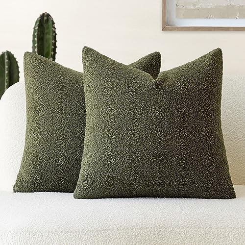 Foindtower Pack of 2, Curly Faux Fur Decorative Throw Pillow Covers Soft Plush Cushion Case with Zipper Cozy Fluffy Boho Pillowcase for Home Living Room Couch Bed Sofa 18 x 18 Inch, Moss Green