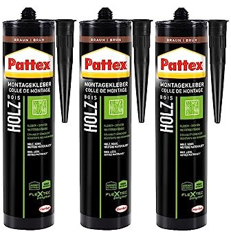 Pattex Montage Holz, starker Montagekleber für Holz und Holzwerkstoffe, wetterbeständiger Baukleber für alle Materialien*, elastischer Holzkleber für innen und außen**, 3x420g Kartusche