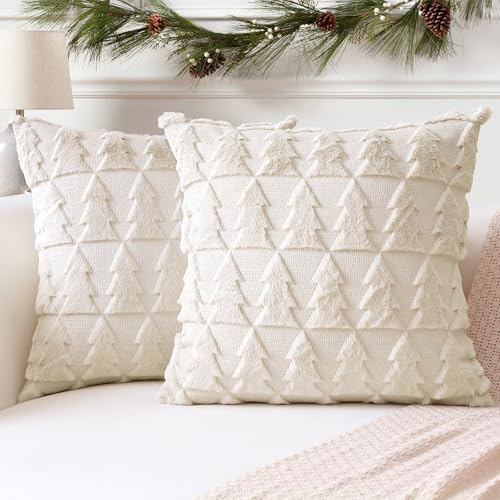 Artscope 2er Set Wolle Kissenbezüge Weicher Plüsch Kurzer Wollsamt Dekokissenbezuge Luxuriöses Sofakissen Europäische Kissenhülle für Sofa Schlafzimmer Weihnachtsbaum Creme Beige, 70x70cm