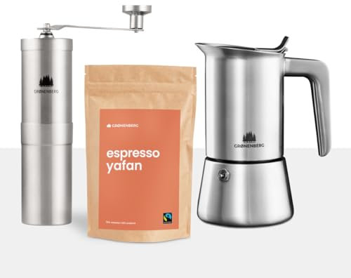 Groenenberg Spar Set 4: Kaffeemühle manuell + Espressokocher Induktion + 250g Bio Espressobohnen | Mokkakanne aus Edelstahl
