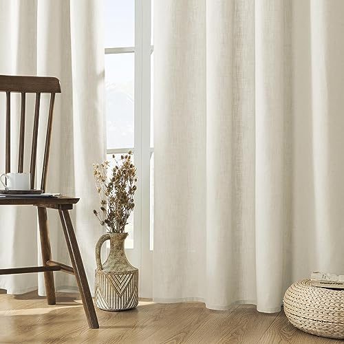 Joydeco Cortinas de Lino para Sala de Estar, Cortinas semitransparentes con Bolsillo para cortinero y Trabillas traseras, 160 cm de Largo, Color Marfil