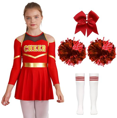 MSemis Kinder Mädchen Cheer Leader Cheerleading Kostüm Uniform Karneval Fasching Party Halloween Kostüm Kleid 2 Pompoms und Socken Bowknot EIN Rot 134-140