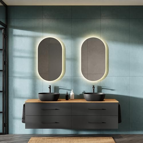 Planetmöbel LUX Badmöbel Set Waschbecken mit Unterschrank | 180 cm, 2 Aufsatz-Waschbecken 42 cm schwarz, 2 Spiegel 50 cm (ohne LED) Waschbeckenunterschrank Gold Eiche/Anthrazit