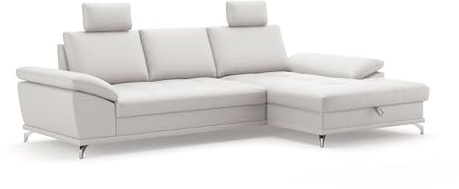 Cavadore Ecksofa Castiel mit Federkern / Eckcouch mit XL-Longchair, Bett, Bettkasten, Sitztiefenverstellung, Kopfstützen und mattschwarzen Metallfüßen / 301 x 89-114 x 176 / / Echtleder, Weiß