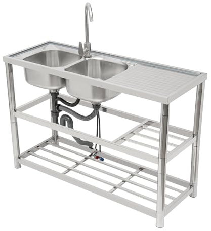 Spülbecken Waschbecken Spültisch Edelstahl Waschbecken 2 Becken mit Wasserhahn,Freistehender Spültisch Becken für Außen Innen Garten Werkstatt Bauernhaus - 120×45×80cm