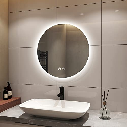 S'AFIELINA Miroir Rond Salle de Bain avec Éclairage 60 cm Miroir Mural LED avec Interrupteur Tactile Miroir de Salle de Bain Rond à Intensité Variable 3 Couleurs de Lumière IP44 Économie D'énergie