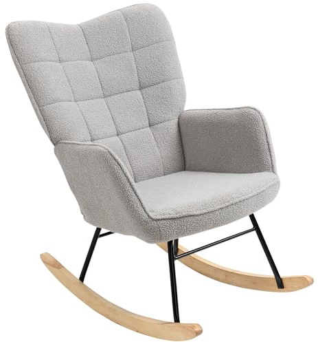 HOMCOM Mecedora de Borreguito Silla Mecedora con Patas de Madera de Haya y Marco de Acero Silla para Lactancia Carga 120 kg para Dormitorio Salón Gris