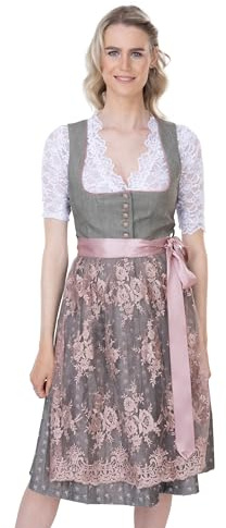 Schöneberger Trachten Dirndl mit Knopfleiste und Spitzen-Schürze – Elegantes Jacquard-Dirndl in Rosa/grau – Midi Damen Dirndl Isabella