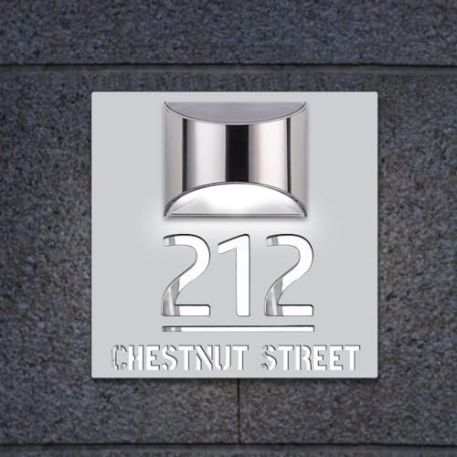 Numéro de maison moderne et lumineux en acrylique avec lumière solaire, panneau d'adresse solaire d'extérieur pour cour (carré, blanc)