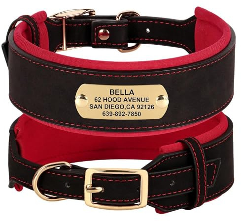 Breites Hundehalsband aus PU-Leder, personalisierbar, weich und bequem, Anti-Verlust, verstellbares Haustierhalsband, geeignet für Pit Bull Bulldogge, Französische Bulldogge, Schwarz, Größe M