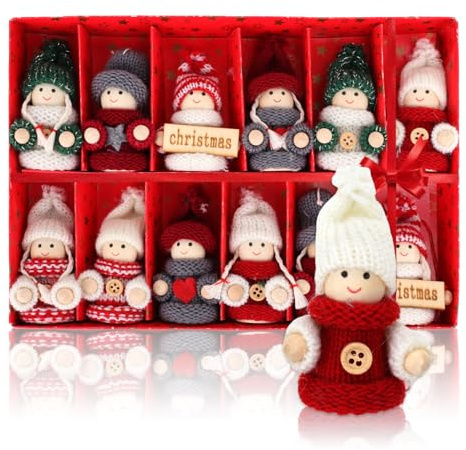 Anstore 12 Stück Weihnachtsbaum Wichtel Anhänger - Christbaumschmuck - Gestrickter Wichtelfiguren Weihnachtsschmuck - Weihnachtsdeko - Kleine Weihnachtsanhänger für Familie Ostern Weihnachten