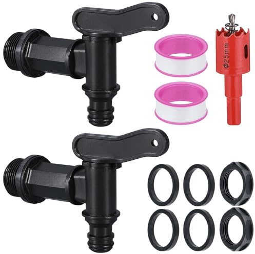 Auslaufhahn für Regentonne, Wasserhahn Adapter(Schwarz) | Kunststoff Wasserhahn für Regentonne, Auslaufhahn Kanister Mit Lochöffner für Garten Regenfass Wassertank