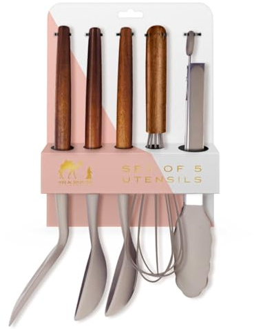 Silk Route Home 5-Piece Acacia Wood & Grey Silicone Kitchen Utensil Set