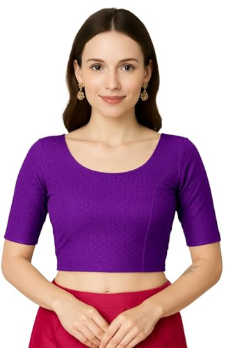 Jaanvi mode dam rund hals bomull dobby lycra armbåge ärm färdig sari blus, Prussion-lila, XXL