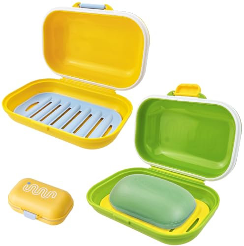 Paquete de 2 Jaboneras de Viaje, Soporte para Jabón de Barra y Estropajo, Estuche de Jabón con Tapa, Recipiente de Plástico con Capa de Drenaje, para Baño, Gimnasio, Escuela, Camping